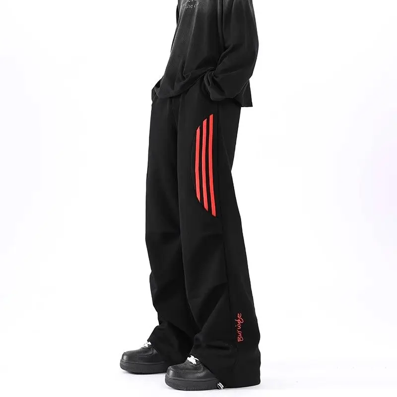 Korean Fashion Spring Autumn Preppy Pants Now Side Striped Casual Sweatpants Letter Printing Elastic Waist Wide Leg Trousers