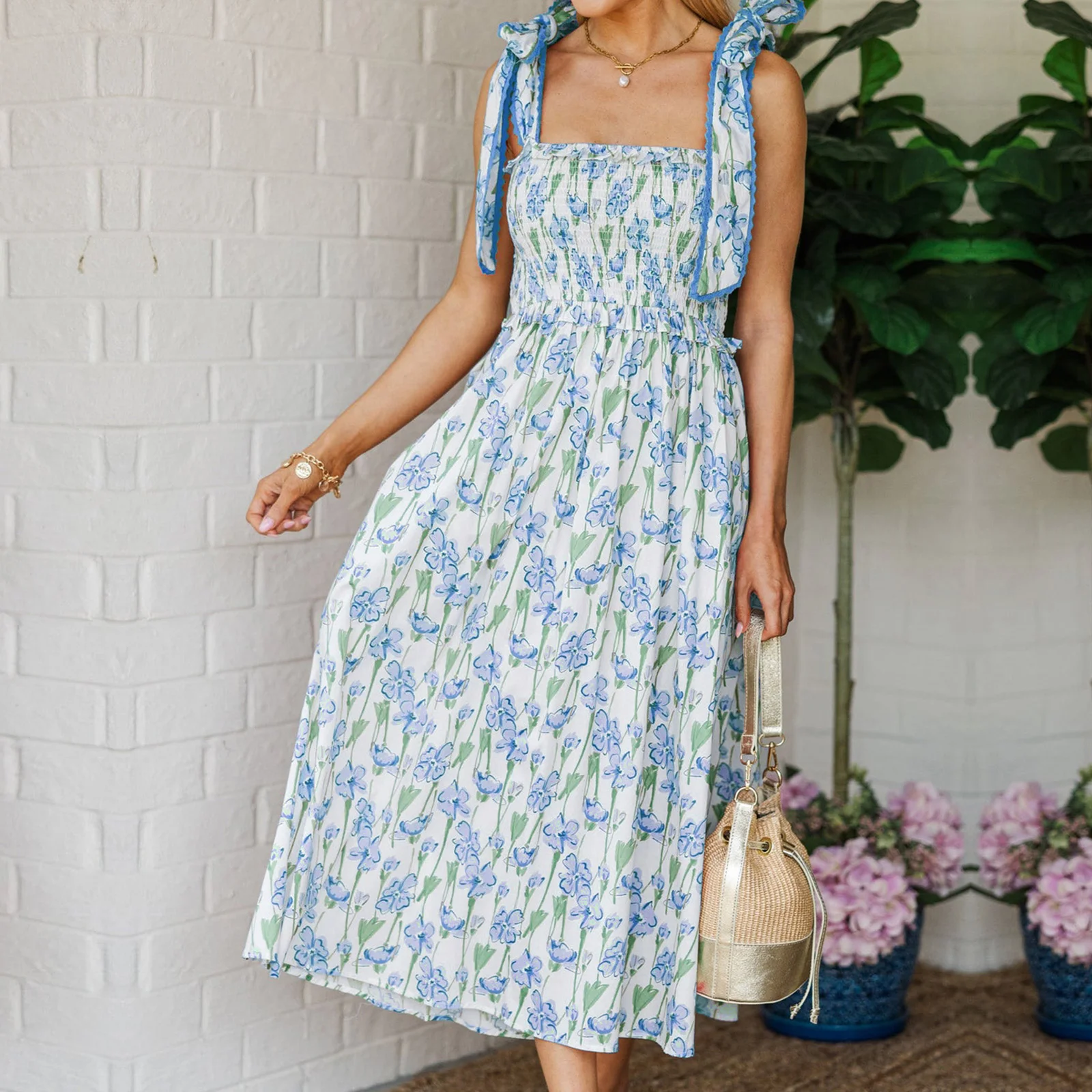 Abito estivo da donna Fairycore Grunge con cravatta floreale con spalle scoperte, collo quadrato smock, senza maniche, senza schienale, abito midi a trapezio