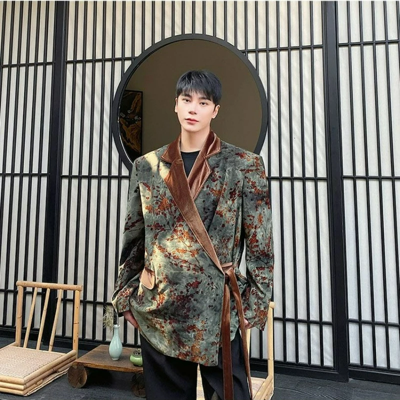 

Мужской вельветовый костюм в китайском стиле, весна-осень 2026, новая модная куртка с V-образным вырезом, принтом и шнуровкой, высококачественный.