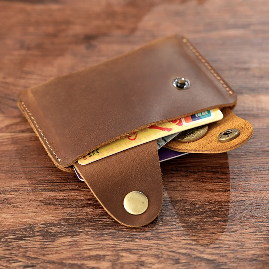 Handmade Crazy Horse หนังสําหรับชาย,Slim 2 กระเป๋าบัตรเครดิต,กระเป๋าสตางค์หนัง Minimalist