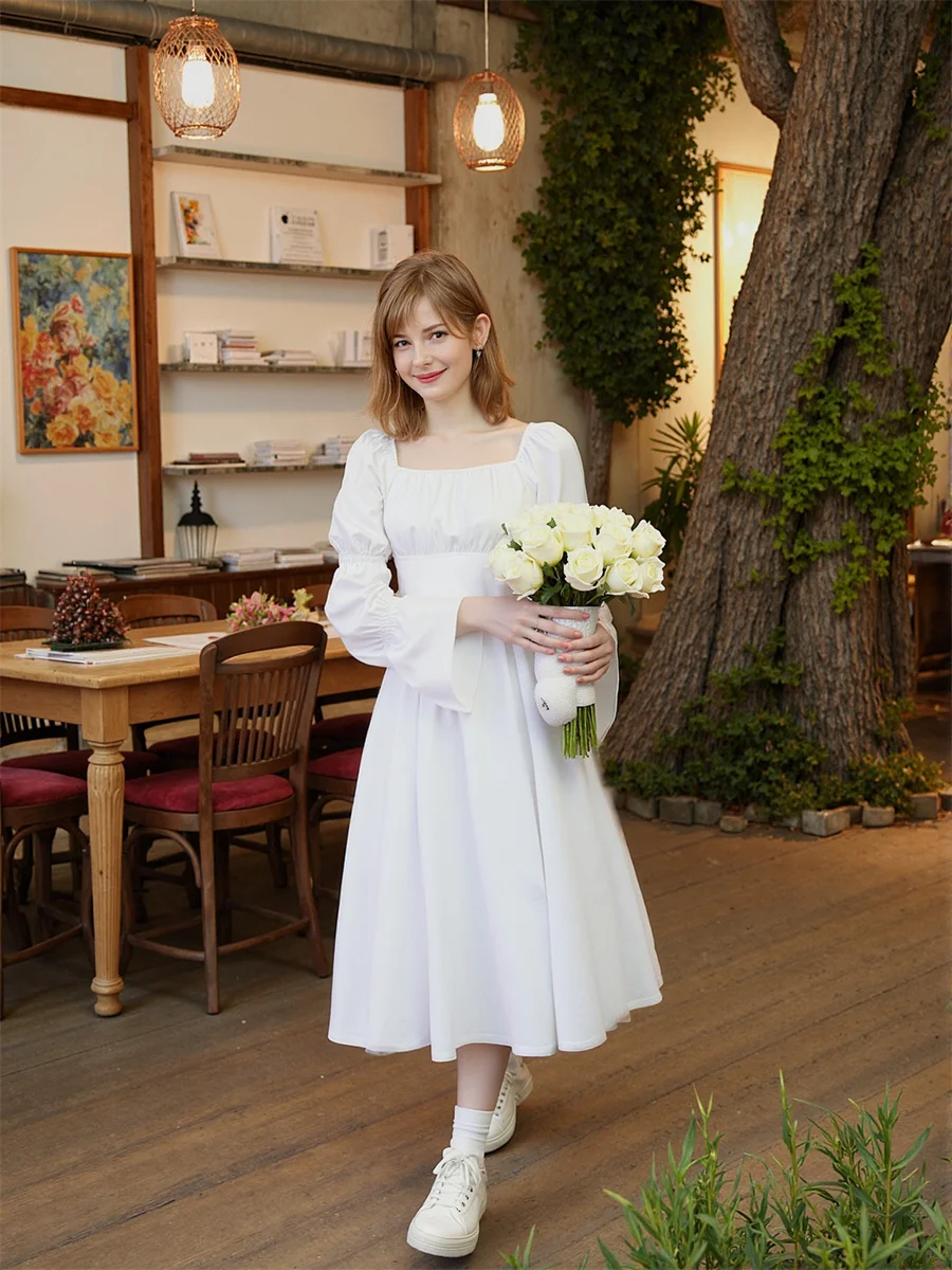 فساتين نسائية للحفلات النسائية أنيقة بياقة مربعة قابلة للطي وفتحة جانبية وفتحة عالية ومقسمة وفتحة مجوفة