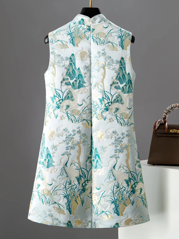 DSFACAIRIJ レディース スタンドカラー ノースリーブ ビーズ ジャカード ミニドレス 中国風 夏 ファッション 女性用