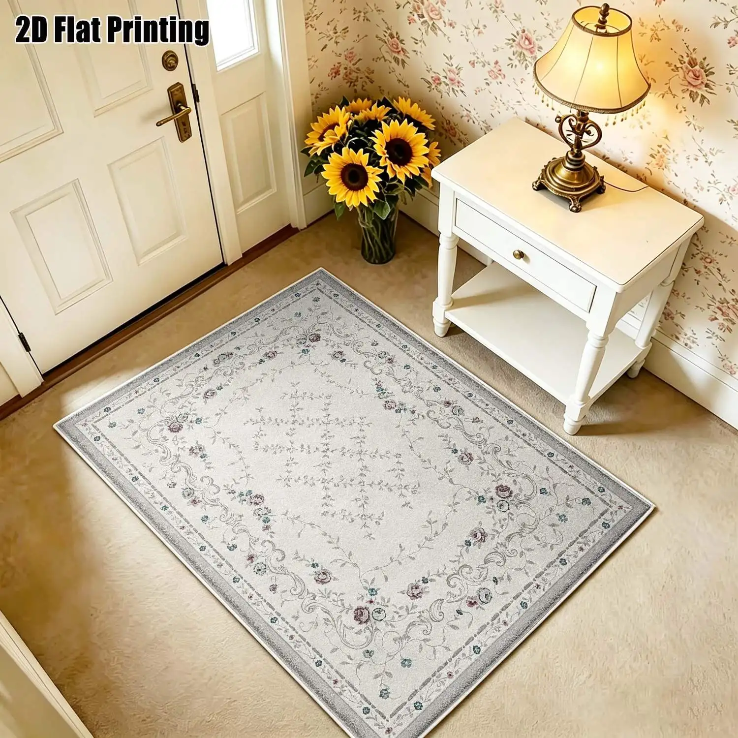1Pc 2D Printed Velvet Carpet, Light Gray Base Pink-Blue Floral, European Retro Geometric, Home Decor, Multi-Size Machine Washable, for Entrance/Dining/Foyer/Bedroom/Living Room