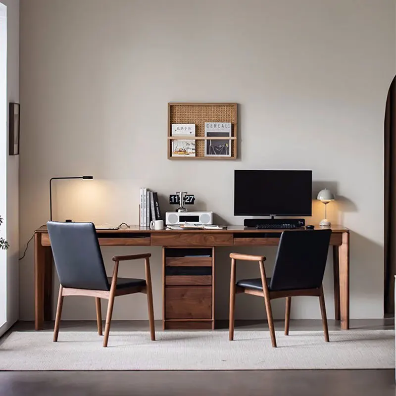 

All solid wood North American black walnut double long desk against the wall to learn to write computer office Nordic modern hom