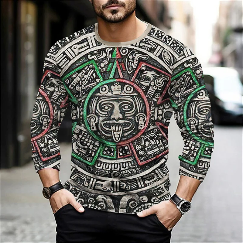 2024 Mexico Aztec Graphic T Shirts For Men Vintage 3d Printed Long Sleeve Tees Street Hip Hop Oversized T-Shirt Male Clothing