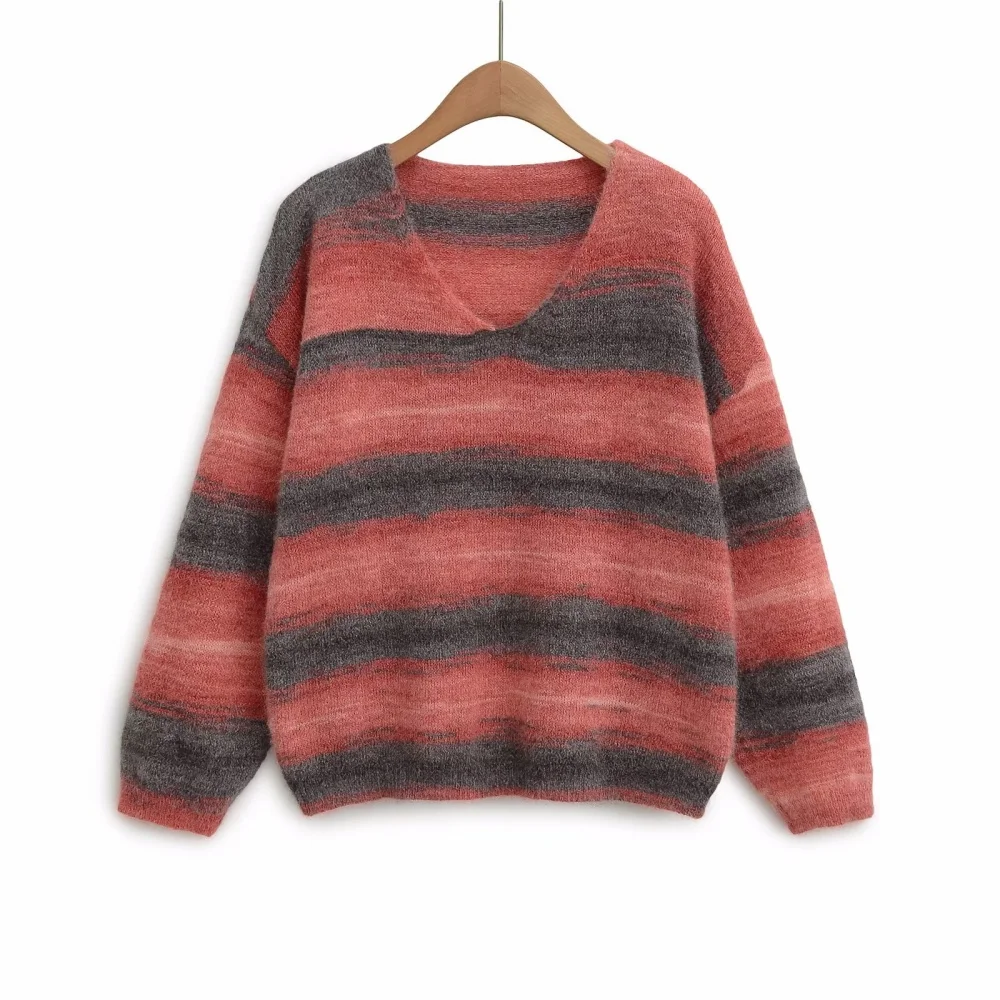 

UNIZERA women's contrasting striped V-neck pullover knitted sweater for spring and autumn new casual women's clothing