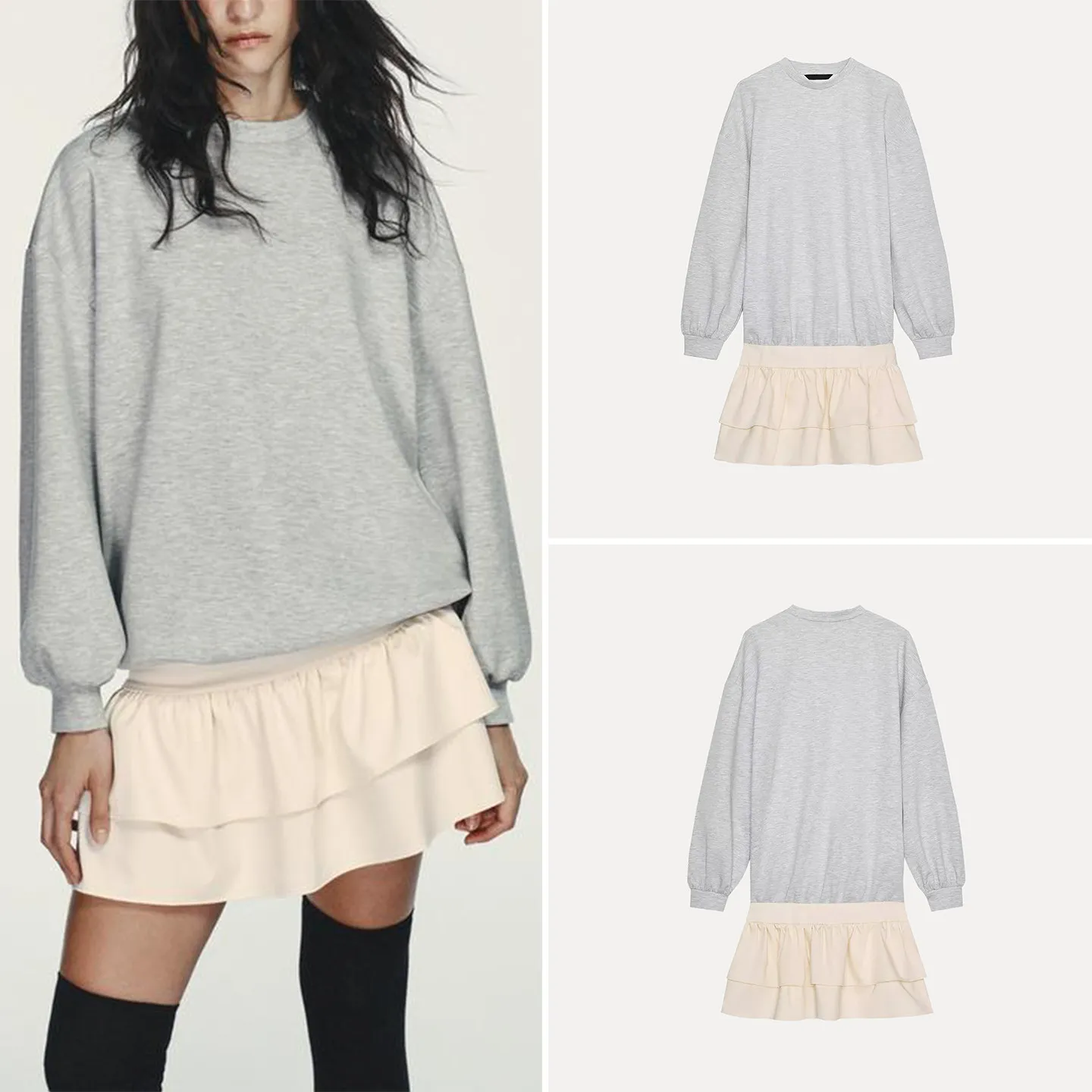 

Новинка зимы 2025: Женское модное платье с мозаичным кружевным подолом, европейский стиль, длинный рукав, свободный крой, круглый вырез, для повседневной носки