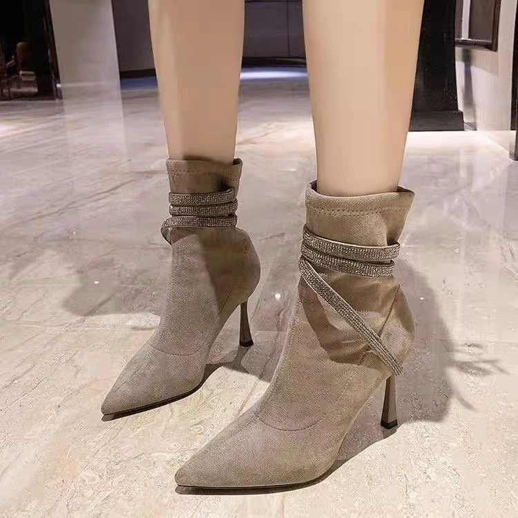 Women Elegant Pointed Toe High Heel Ankle Boots Sexy Slim Fit Stretchy Booties French Chic Thin Heel Fall Winter Shoes