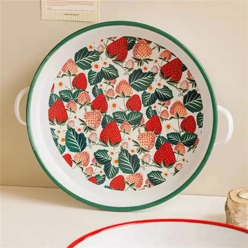 Thickened Enamel Double-ear Disc Enamel Nordic Large Fruit Bowl Tray Fruit Plate Can Be Heated Baking Tray with Side Dishes ins