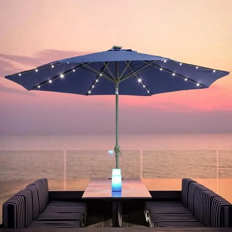 Solar LED Lighted Patio Umbrella Water Resistant Solar Umbrella with 8 Light Modes Outdoor Decors Suitable for Courtyard Beach