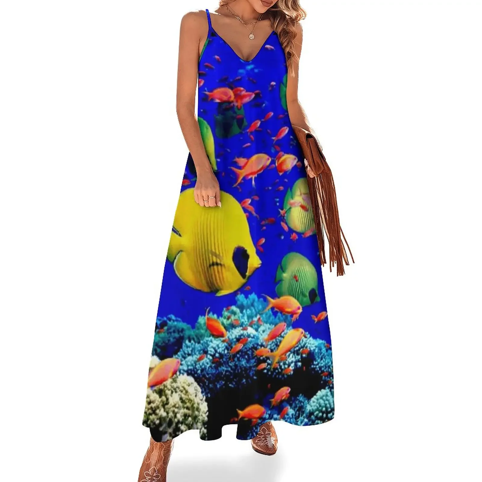 

AUSTRALIA-QUEENSLAND : Great Barrier Coral Reef Print Sleeveless Dress Beachwear evening dress woman summer dress korean women