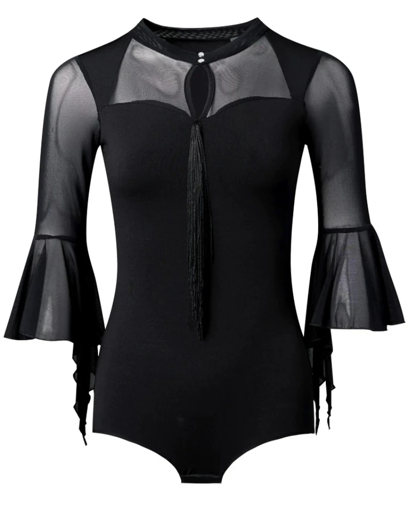 

Professional Women Latin Dance Bodysuit, Black Mesh Patchwork Tassel Flare Sleeve Ballroom Performance Practice Dancewear