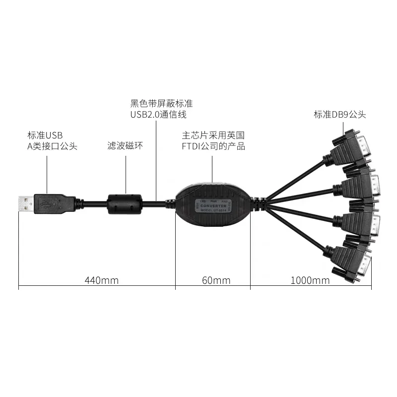 UT-8814 USB2.0 To 4-port RS-232 Serial Cable, COM Port Adapter Cable, Serial Port Intelligent Converter