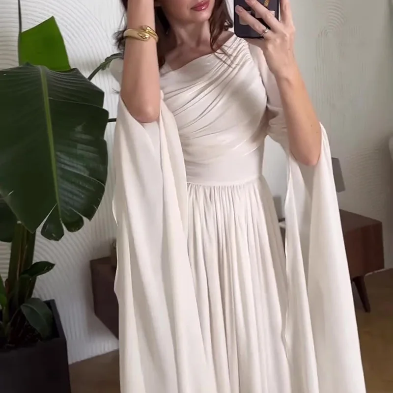 Elegant Slant Shoulder Draped Gowns Dress Casual Split Long Sleeve Solid Party Dress Women Fashion Hight Waist Slim Long Dress - Image 2