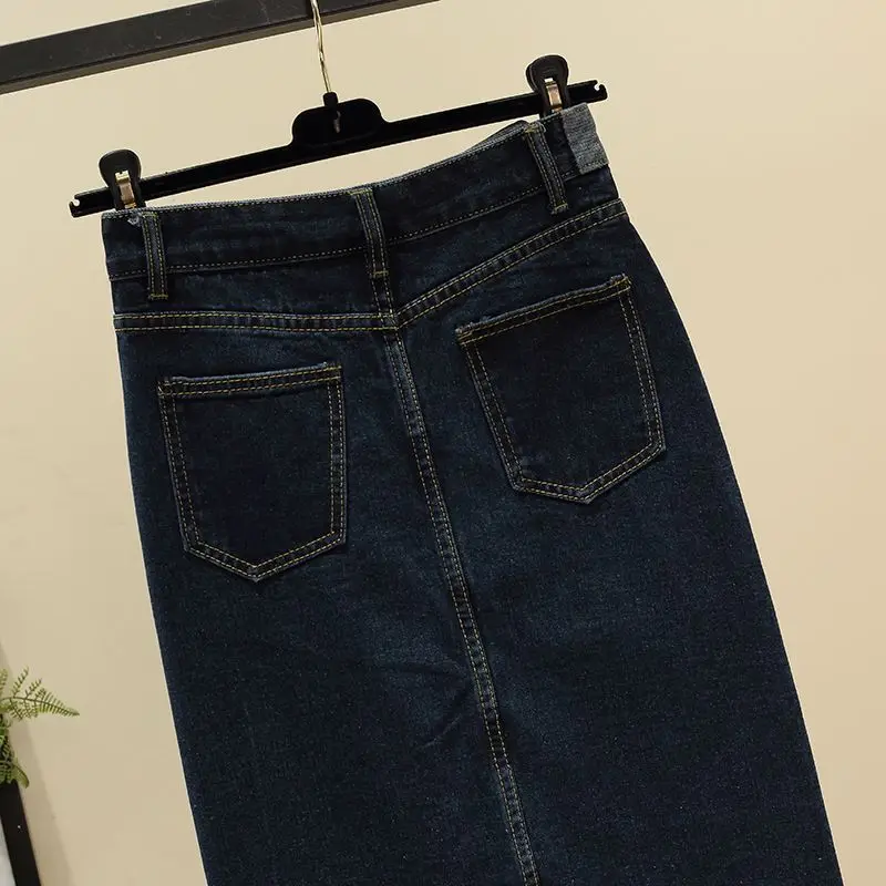 Rok Denim wanita, pakaian wanita musim semi musim gugur, rok A-Line warna polos, tren, rok Denim belahan pinggang tinggi, sederhana, modis, musim semi, musim gugur