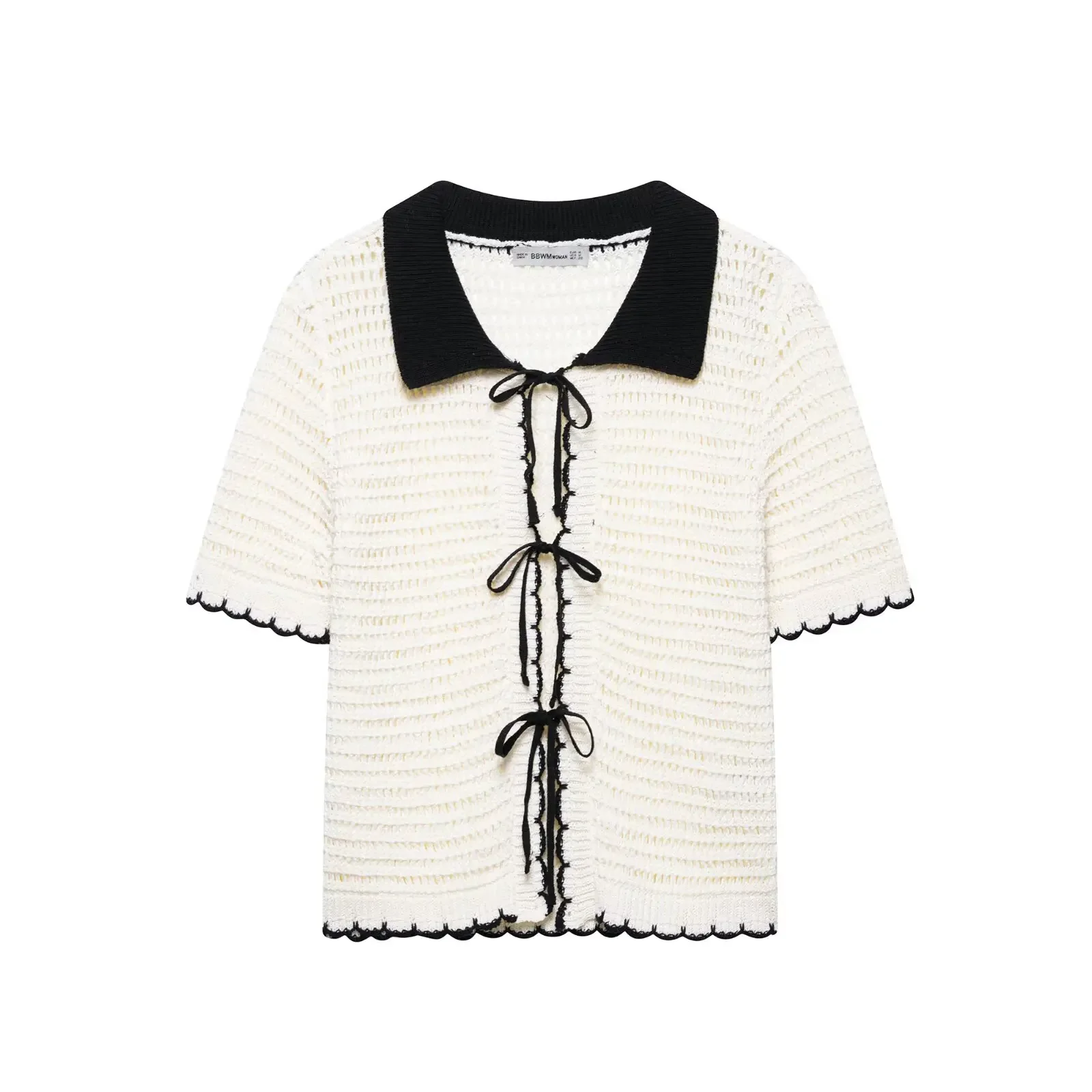 

Classic Cardigan Black Beige Contrast Color Turn Down Collar Short Sleeves Bow Lace Up Women Slim Knit Sweater