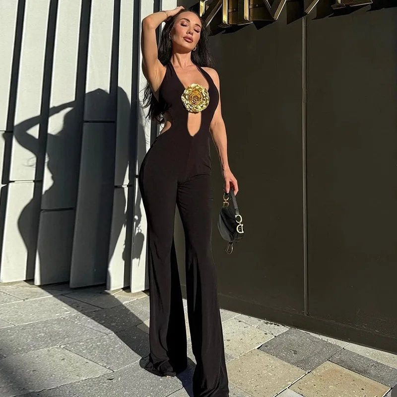 بدلة نسائية فردية سوداء مثيرة مجوفة معلقة على الرقبة بدون أكمام متوسطة التمدد مناسبة للخياطة ثلاثية الأبعاد على شكل زهور مستقيمة الساق #4