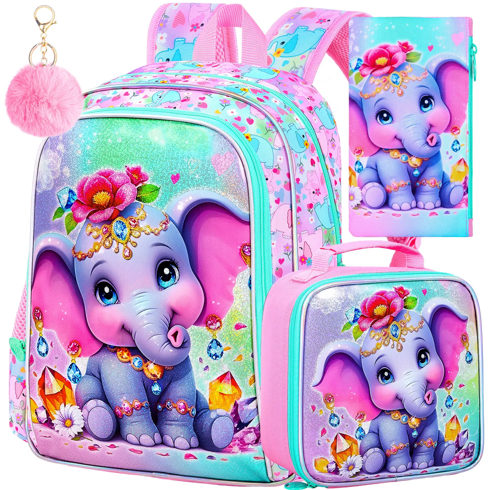 

3Pcs Girls Elephant Backpack Set, 16 Inch Diamond Glitter School Bag with Lunch Box Pencil Case