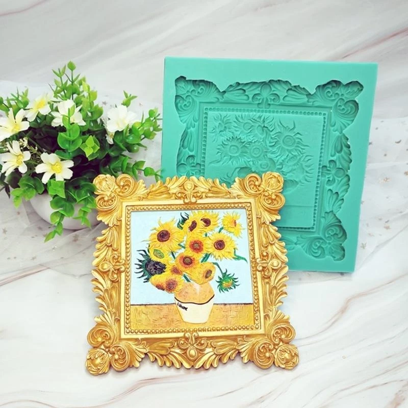 E06B Frames Silicone Fondant for Home Decor, Retro Square Frame Mold for Epoxy Resin