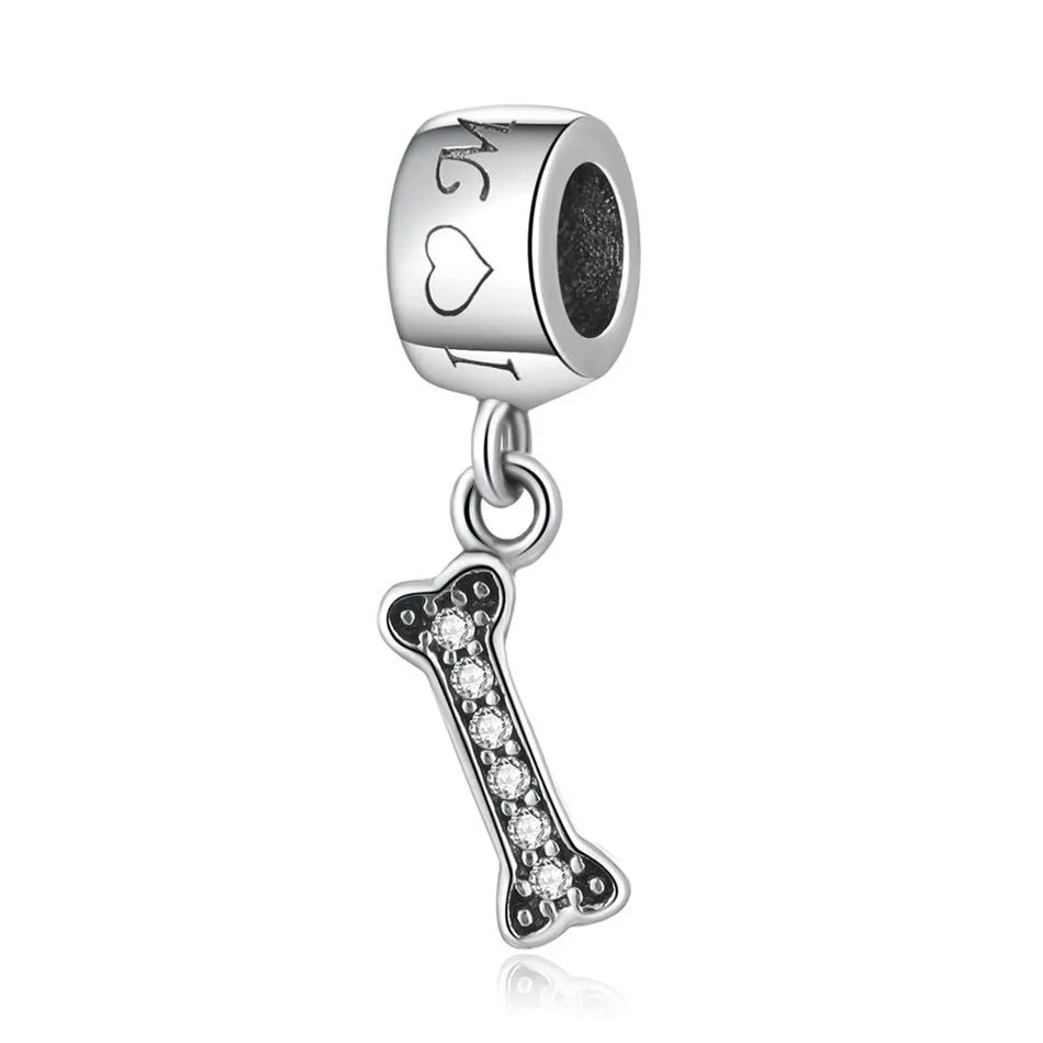 Silver Plated Crystal I Love My Dog Bone Pendant Charm for Women Bracelets DIY Jewelry