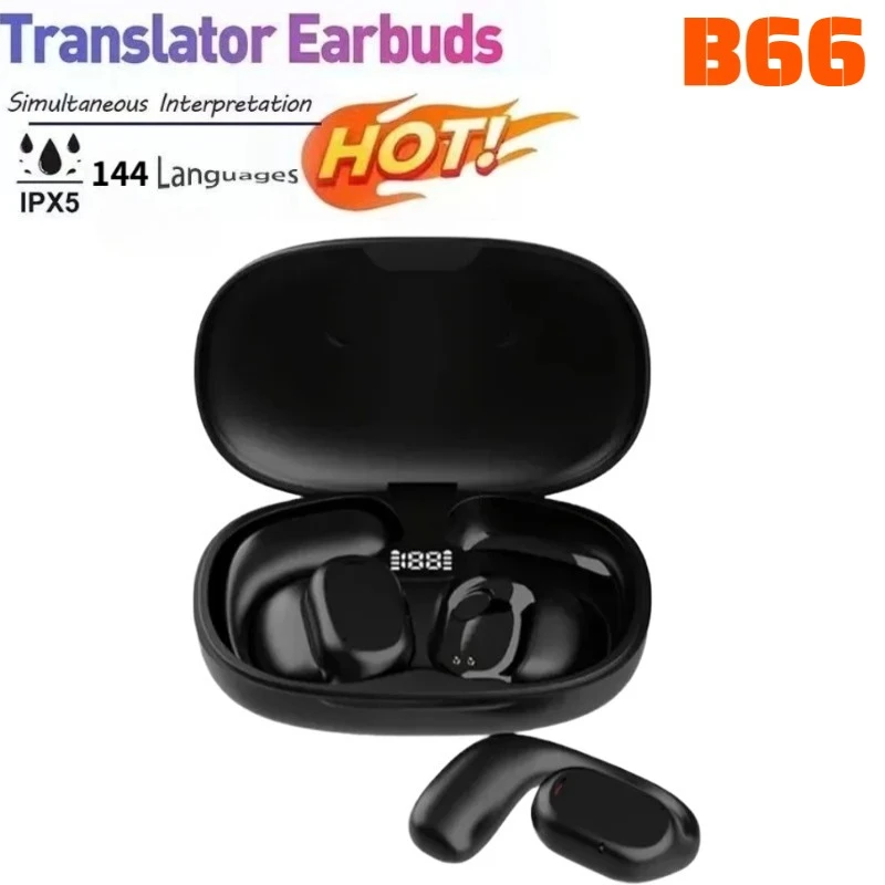B66 لغة مترجم سماعات الأذن 144 لغة ستيريو لاسلكي مقاوم للماء سماعات LED عرض طويل الاستعداد اللمس سماعات الأذن