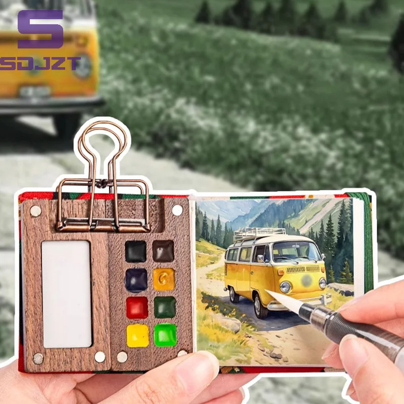 Mini Walnut Wood Watercolor Palette Portable Paint Box With Clip Travel Painting Paint Tray Art Supplies Sketchbook Palette