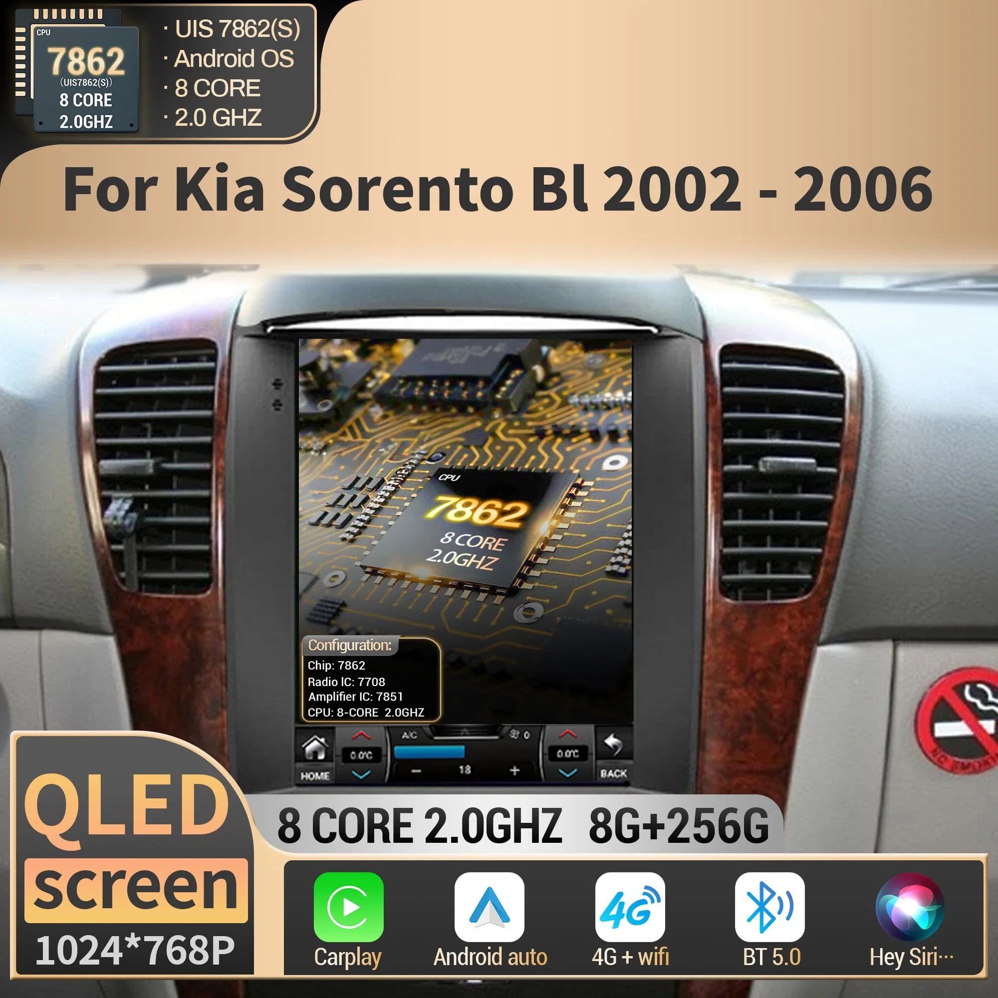 9.7 Inch For Kia Sorento Bl 2002 2003 2004-2006 Car Radio Wireless BT CarPlay GPS Navigation Multimedia Head Unit QLED Screen