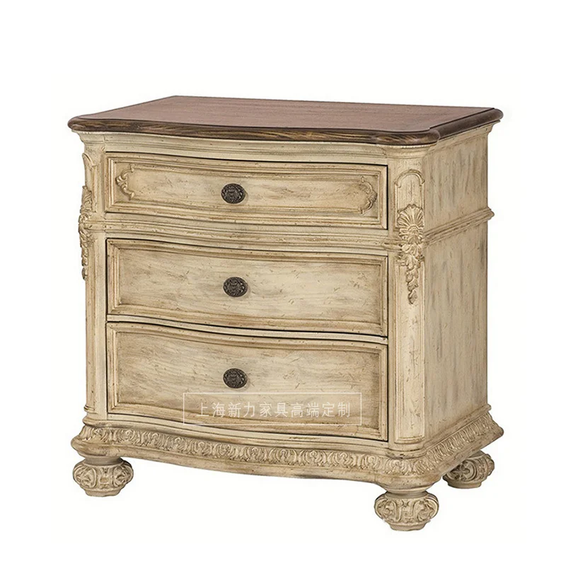 

French retro bedside table solid wood carving flower old European antique storage drawer cabinet
