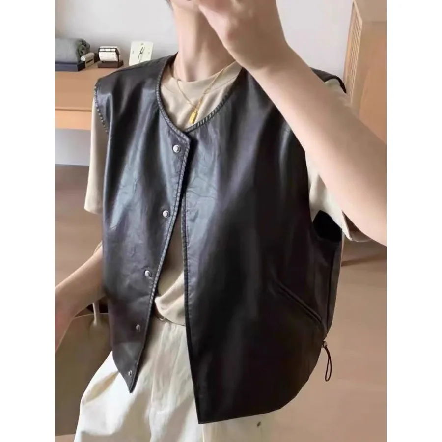 

Women's Loose PU Leather Biker Vest Top Svel High Collar Cotton Blend Spring Autumn Faion Versatile mat Sle