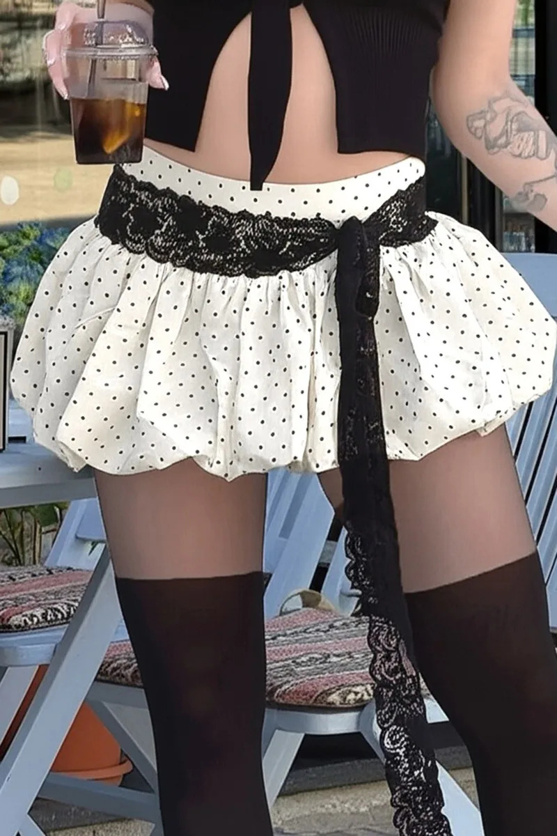 레이스 리본 물방울 무늬 미니 버블 스커트 여성 패션 하이웨이스트 퍼프 숏 버드 스커트 캐주얼 스트릿웨어 파티 클럽웨어