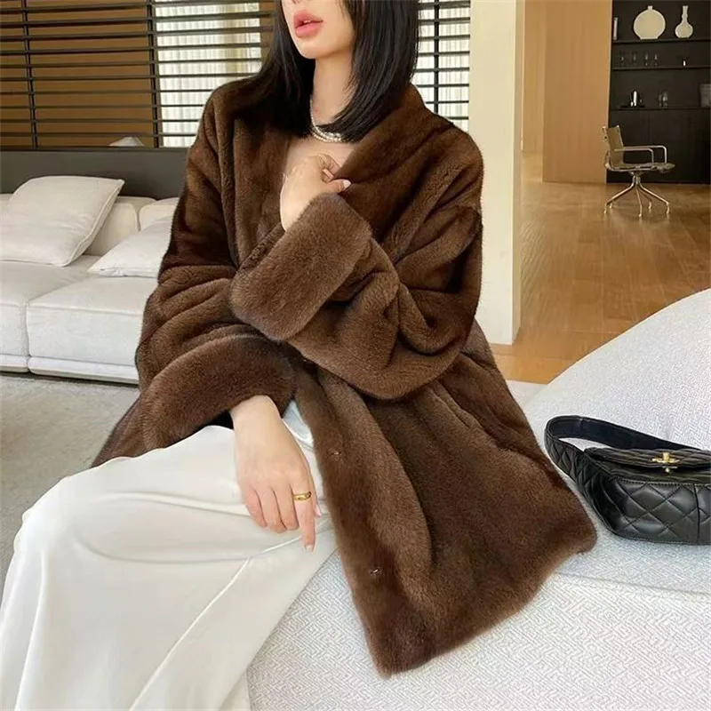 Faux Mink Fur Coat for Women,V-Neck Jacket,Thick Warm Female Clothes, Covered Button, High Quality,Autumn and Winter