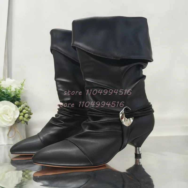 هامش ديكور معدني كعب رقيقة أحذية بوت قصيرة النساء مطوي أشار تو حذاء من الجلد الموضة العصرية الخريف الشتاء حفلة سيدة الأحذية #2