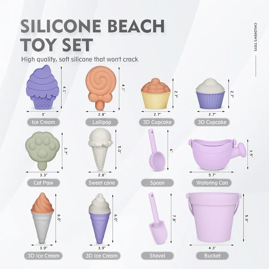 17 peças de brinquedos de praia de silicone, brinquedos de praia modernos para bebês, conjunto de praia amigável para viagens, balde de silicone, regador, pá, 12 moldes de areia,