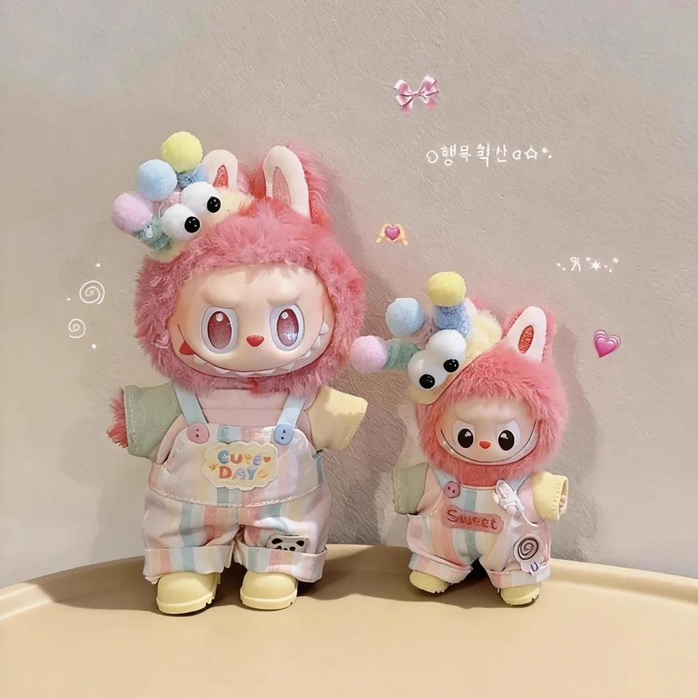 

Suitable for Labubu 10/17cm Vinyl Dolls Clothes Headdress Tops Overalls Shoes Four-piece Set Trendy Cool Accessories Gifts