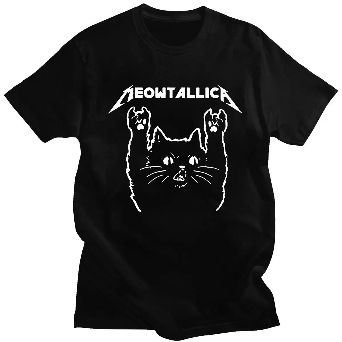 Funny Cat Meowtallica Cat Rock Music Print T-Shirts Rock Music Men Tops Fashion Oversized Tee Comfortable Unsiex Couple Wears