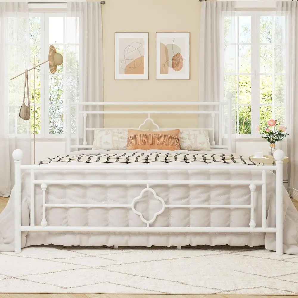 Vintage Style Metal Platform Bed with Underbed Storage, Mattress Foundation, No Box Spring, Easy Assembly, White