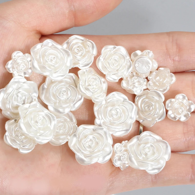 50pcs 3D White Pearl White Camellia Sewing Buttons Rose Flowers Resin Nail Art Rhinestone DIY Jewelry Earring Decor Loose Beads