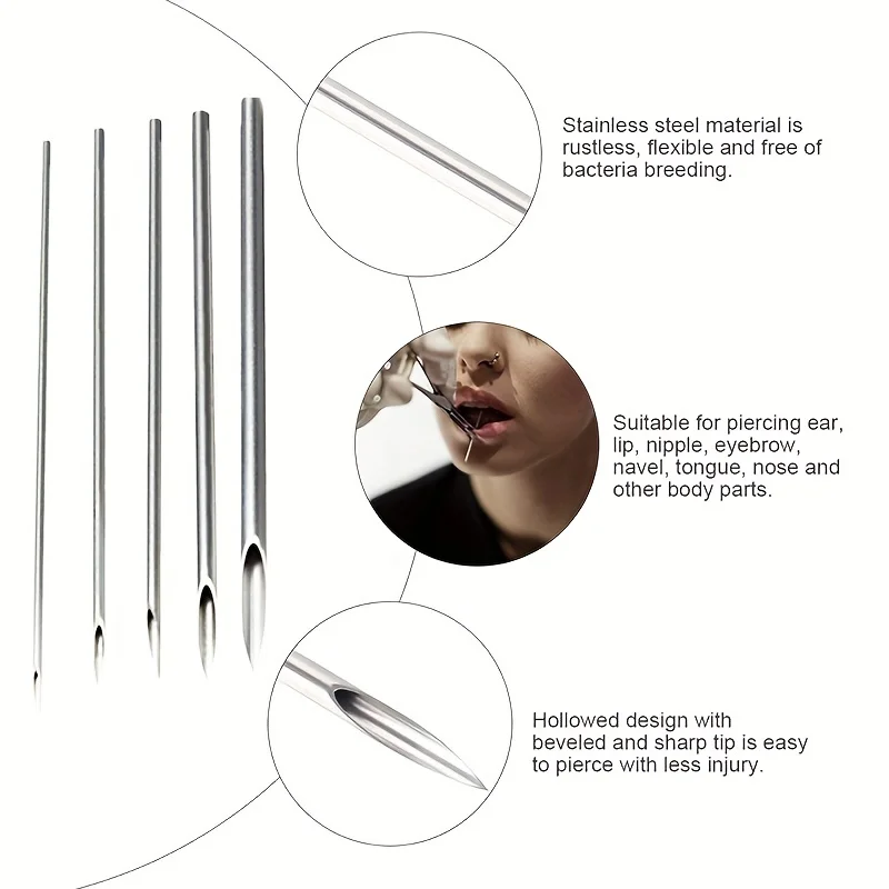 Ago per piercing monouso sterile per il corpo 0,8/1 /1,2/1,4/1,6 mm in acciaio inossidabile per strumenti per piercing al sopracciglio, naso, pancia, lingua