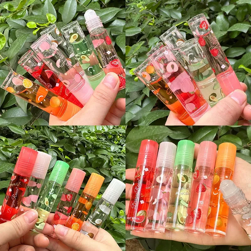 Bálsamo labial roll-on de frutas frescas, 1 peça, óleo labial transparente, hidratante, redução de linhas labiais, nutre, cosméticos líquidos de longa duração