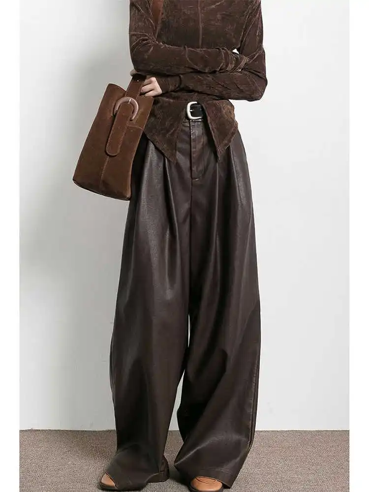 

European And American Brown Fashionable Leather Pants, Women'S Autumn And Winter Retro Design, Pleated Wide Leg Pants