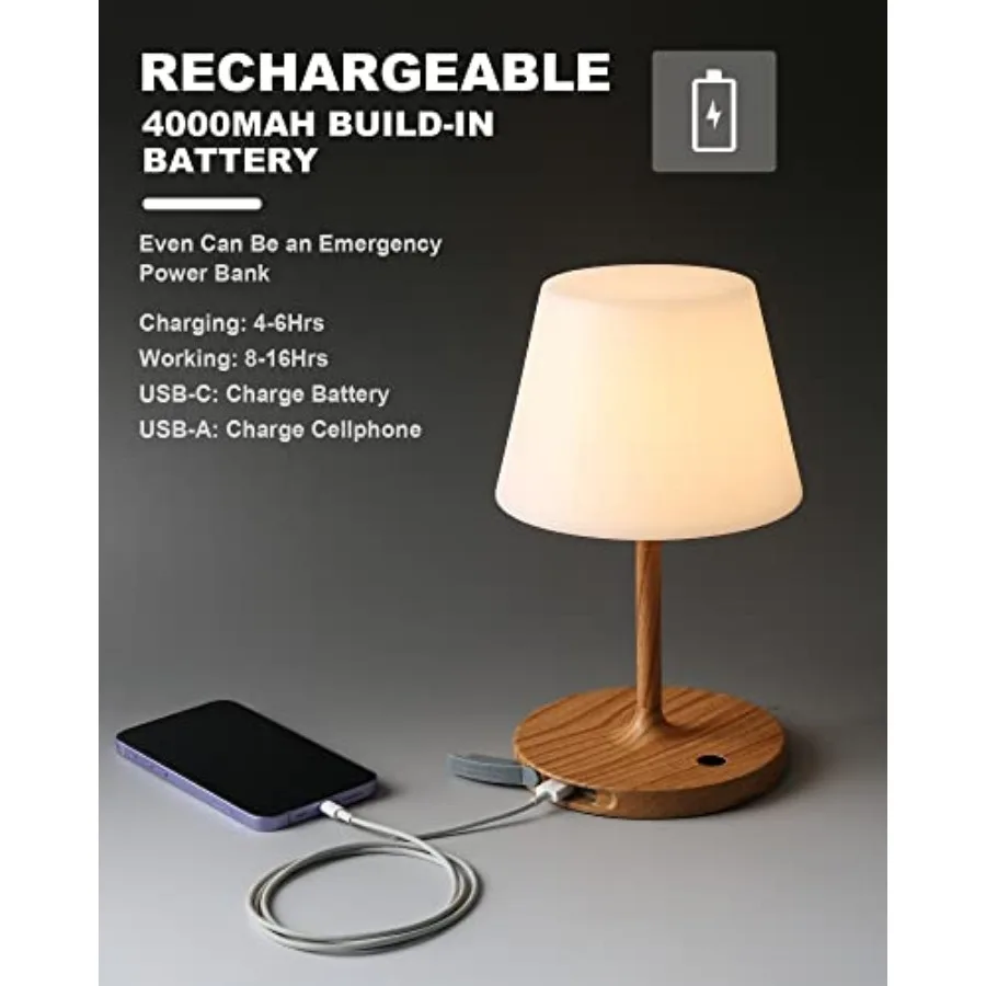 Outdoor Battery Operated Table Lamp Waterproof, 4000mAh Cordless Table Lamp Rechargeable, Touch Dimmable Desk Lamp, LED Night L view 6