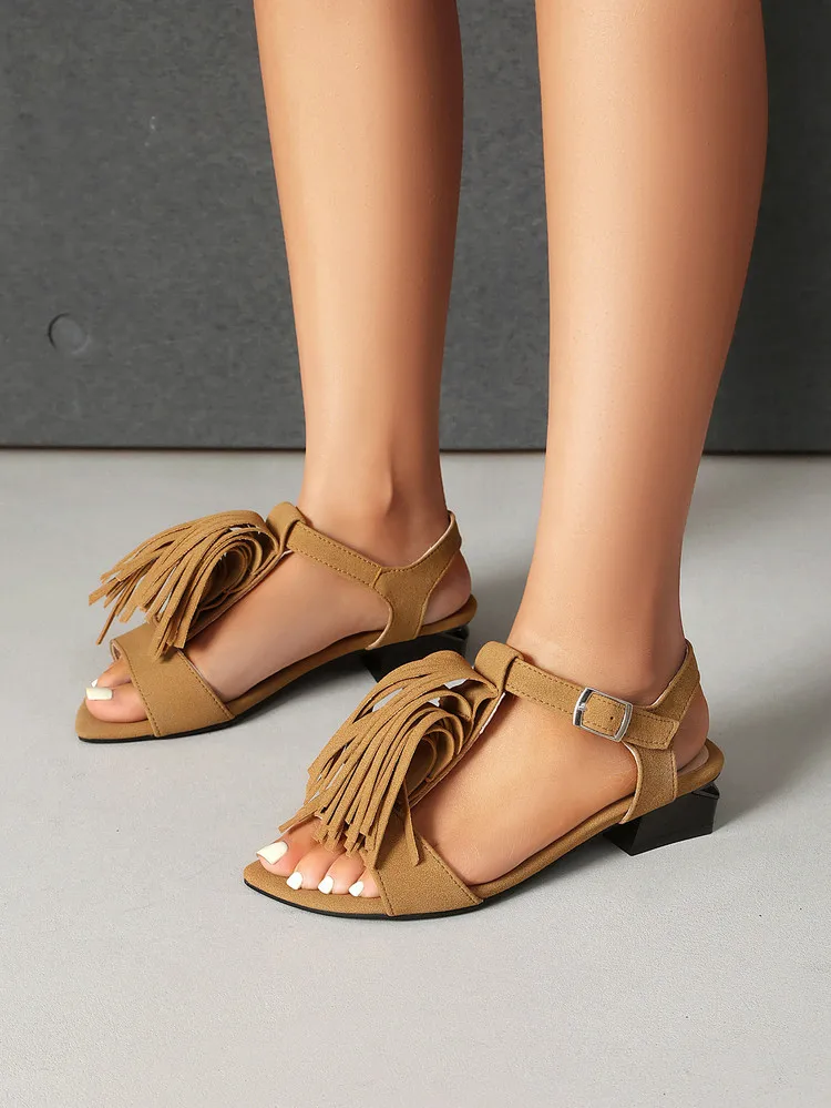 

Low Heels Suede Tassels Women Sandals 2026 Comfortable Women's Shoes