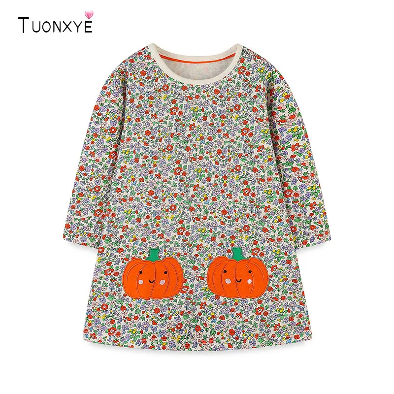 TUONXYE Baumwollkleid für Mädchen mit langen Ärmeln, Herbst, Blumenmuster, niedliche Kürbis-Stickerei, lässige Halloween-Kleider für Kleinkinder