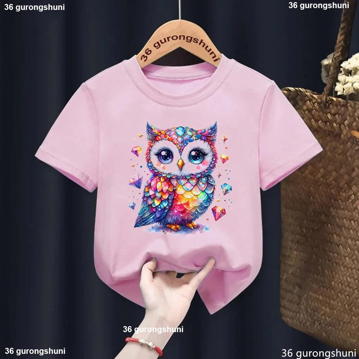 Sparkling Owl Animal Print Girls T Shirt Fashion Kawaii Kids T-Shirt Summer Girls Clothes Owl Artwork Print Tshirt Boys Blue Top