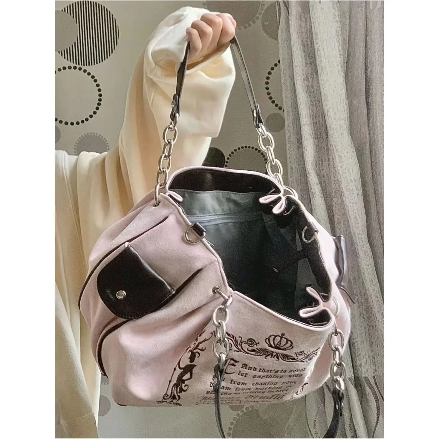 Classic Design Retro Literary Letter Suede Big Bag Large Capacity Handheld Crossbody Bag Chain Tote Bag