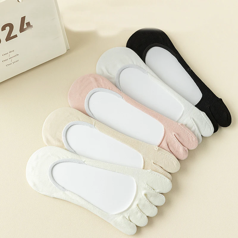 5 Pairs Women Girl Toe Socks Invisible Cotton Solid Shallow Mouth Thin Breathable,Deodorant No Show 5 Finger Socks Summer