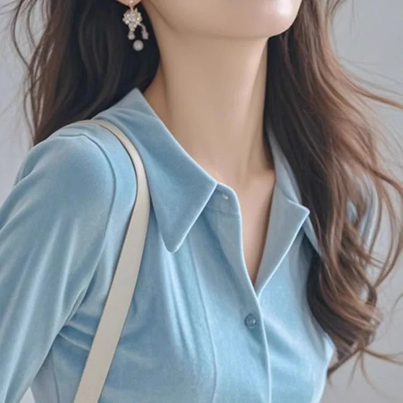 Biyaby Women\'s Plus Velvet Shirt Early Spring Casual Solid Color Slim Shirts Woman Single Breasted Lapel Long Sleeves Blouses