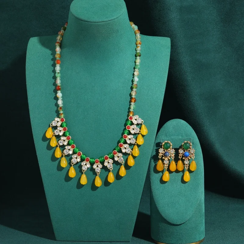 

Vintage Beeswax Yellow Jewelry Sets Water Drop Natural Stone Necklace Tassel Earrings Antique Gold Plated Woman New Gifts 2026