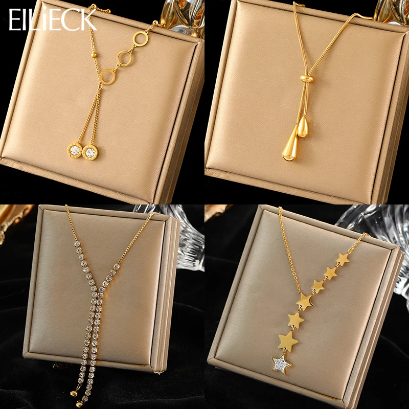 EILIECK 316L Stainless Steel Water Drop Zircon Star Tassel Necklace For Women Fashion Clavicle Chain Jewelry Lady Birthday Gift