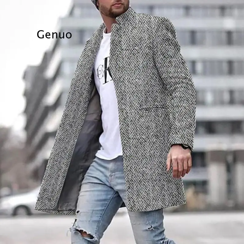 

European and American windbreaker men's medium and long solid color suit collar coat fashion texture long warm coat